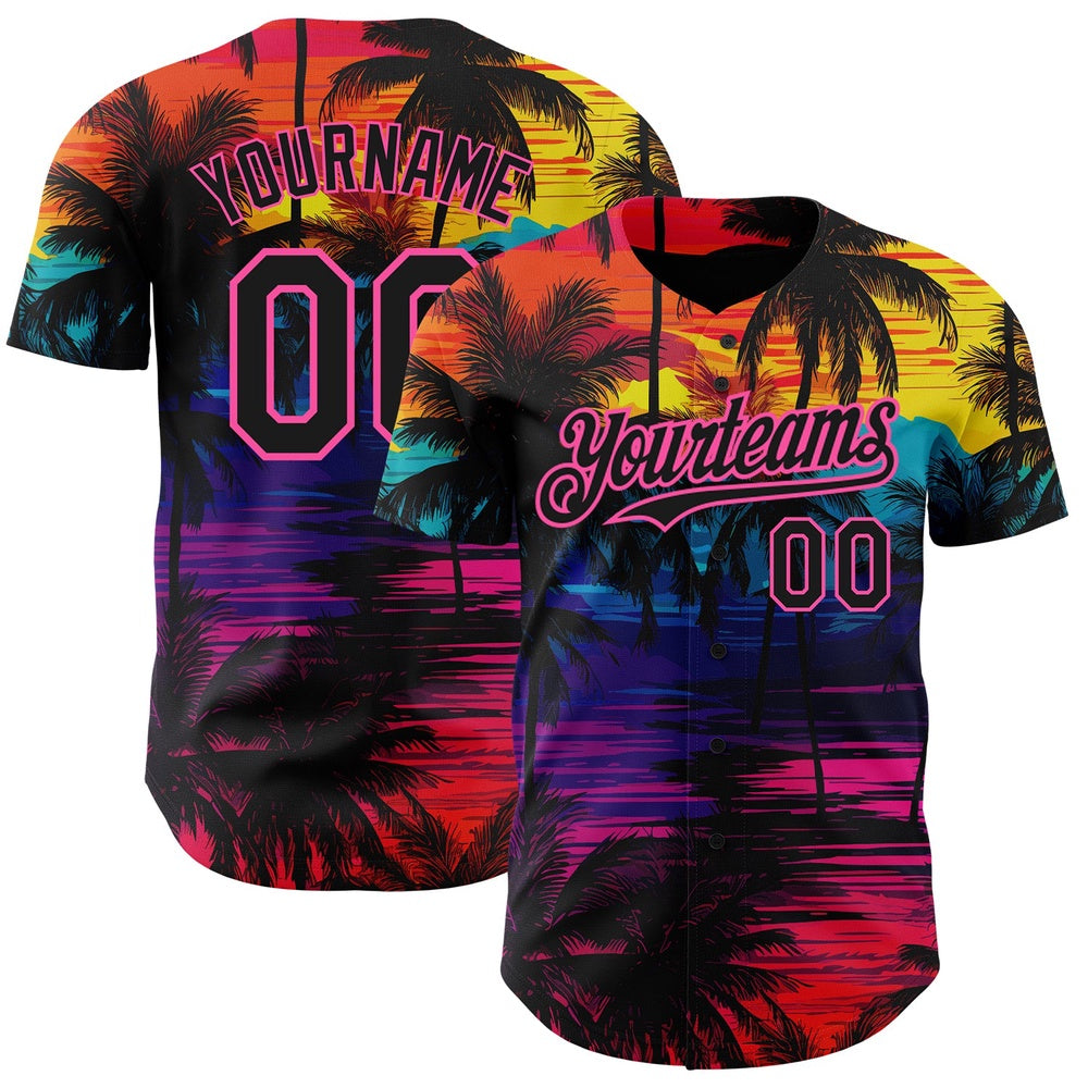 USA Baseball Jersey, Custom Black Pink 3D Pattern Design Tropical Hawaii Palms Trees Authentic Baseball Jersey, Team Jerseys Baseball