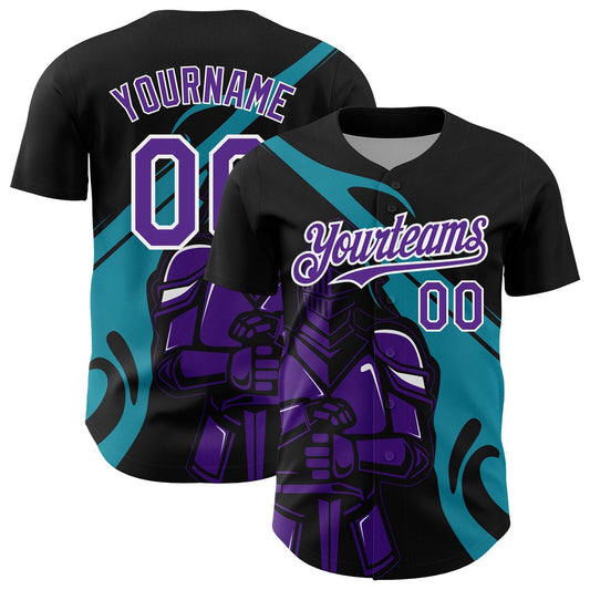 USA Baseball Jersey, Custom Black Purple Teal 3D Pattern Design Knight Hero Art Authentic Baseball Jersey, Team Jerseys Baseball