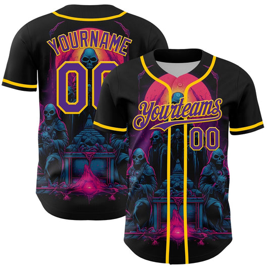 USA Baseball Jersey, Custom Black Purple Yellow 3D Pattern Design Rave Skull Authentic Baseball Jersey, Team Jerseys Baseball