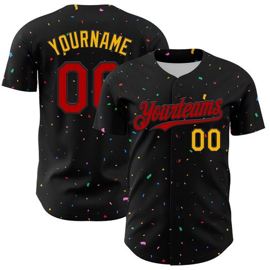 USA Baseball Jersey, Custom Black Red Gold 3D Pattern Design Confetti Authentic Baseball Jersey, Team Jerseys Baseball