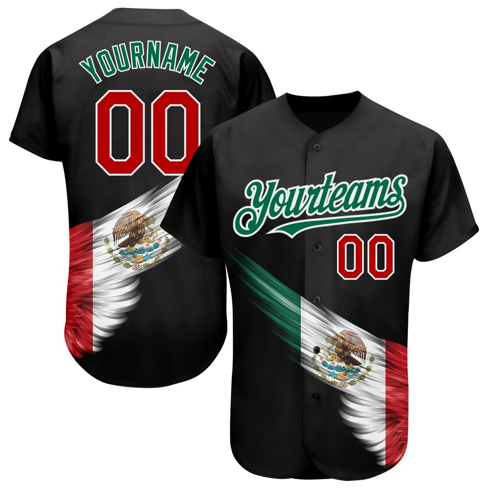 USA Baseball Jersey, Custom Black Red Kelly Green 3D The Abstract Wing With Mexican Flag Authentic Baseball Jersey, Team Jerseys Baseball