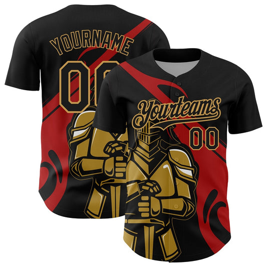 USA Baseball Jersey, Custom Black Red Old Gold 3D Pattern Design Knight Hero Art Authentic Baseball Jersey, Team Jerseys Baseball