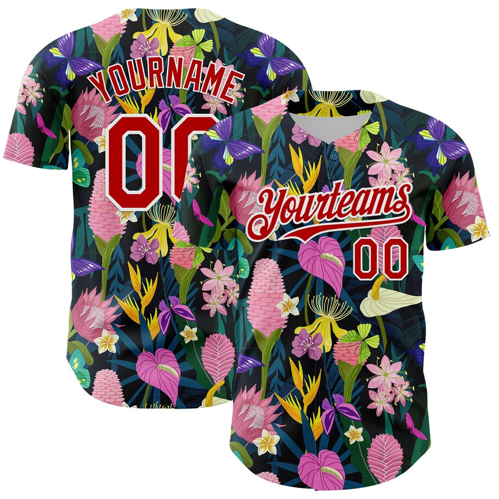 USA Baseball Jersey, Custom Black Red White 3D Pattern Design Tropical Anthurium Flower Authentic Baseball Jersey, Team Jerseys Baseball