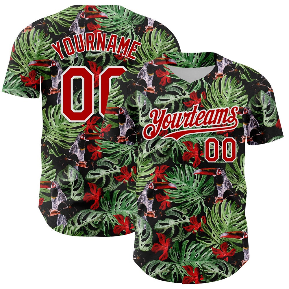 USA Baseball Jersey, Custom Black Red White 3D Pattern Design Tropical Plant And Bird Authentic Baseball Jersey, Team Jerseys Baseball