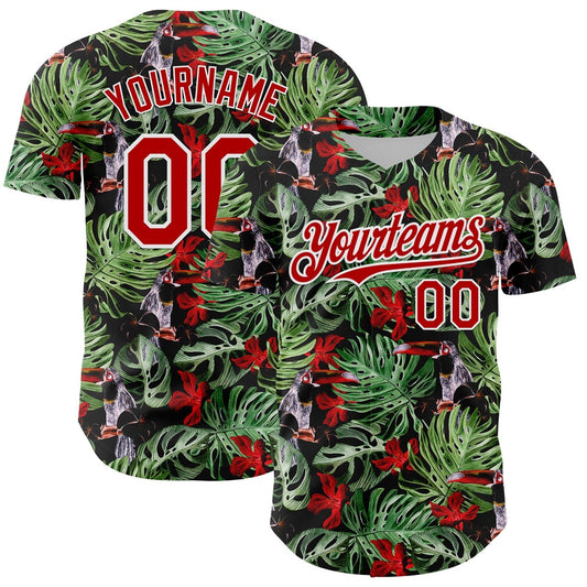 USA Baseball Jersey, Custom Black Red White 3D Pattern Design Tropical Plant And Bird Authentic Baseball Jersey, Team Jerseys Baseball