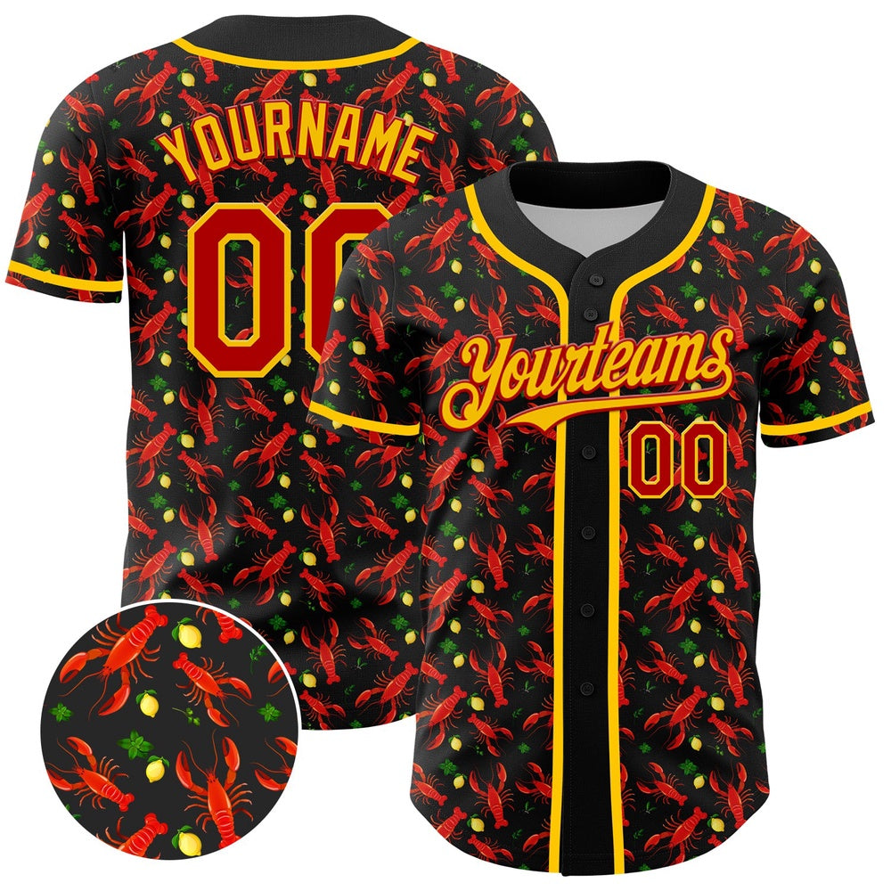 USA Baseball Jersey, Custom Black Red Yellow 3D Pattern Design Animal Lobster Fruit Lemon Authentic Baseball Jersey, Team Jerseys Baseball