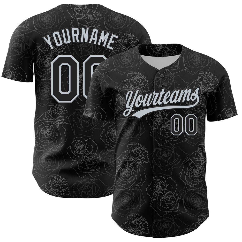USA Baseball Jersey, Custom Black Silver 3D Pattern Design Gothic Style Rose Authentic Baseball Jersey, Team Jerseys Baseball