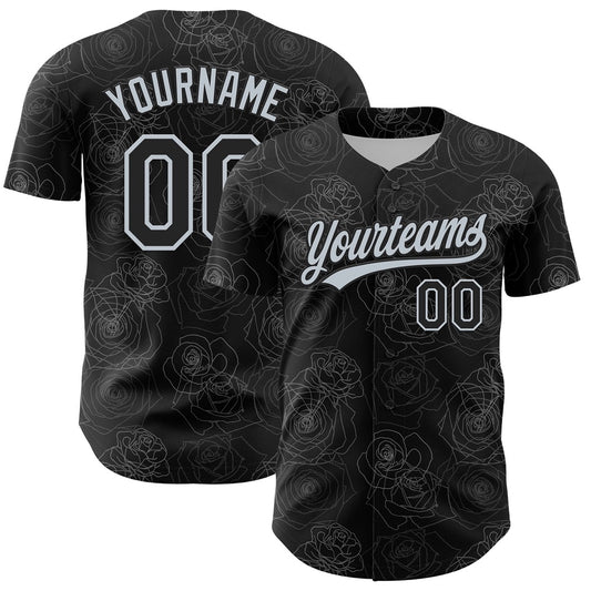 USA Baseball Jersey, Custom Black Silver 3D Pattern Design Gothic Style Rose Authentic Baseball Jersey, Team Jerseys Baseball