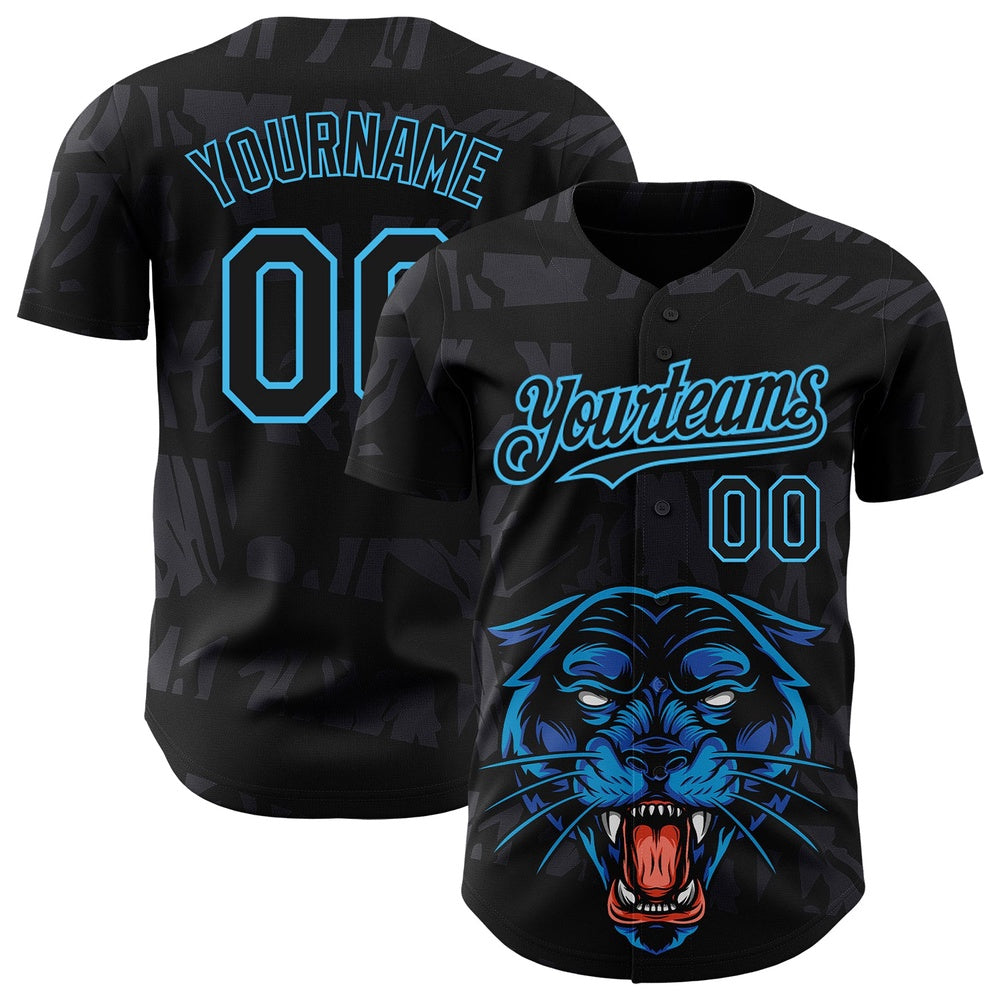 USA Baseball Jersey, Custom Black Sky Blue 3D Pattern Design Animal Panther Authentic Baseball Jersey, Team Jerseys Baseball