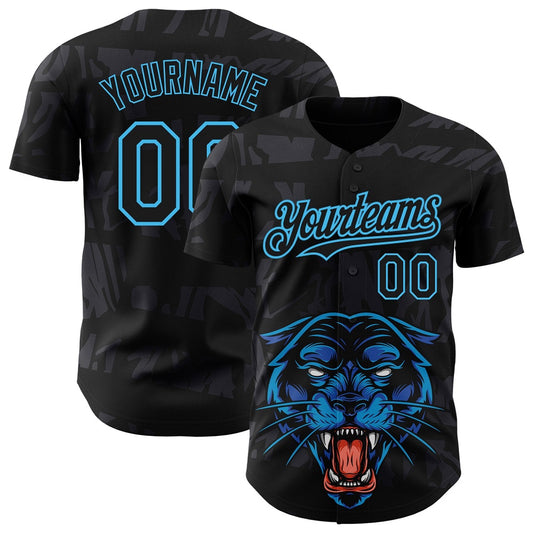 USA Baseball Jersey, Custom Black Sky Blue 3D Pattern Design Animal Panther Authentic Baseball Jersey, Team Jerseys Baseball