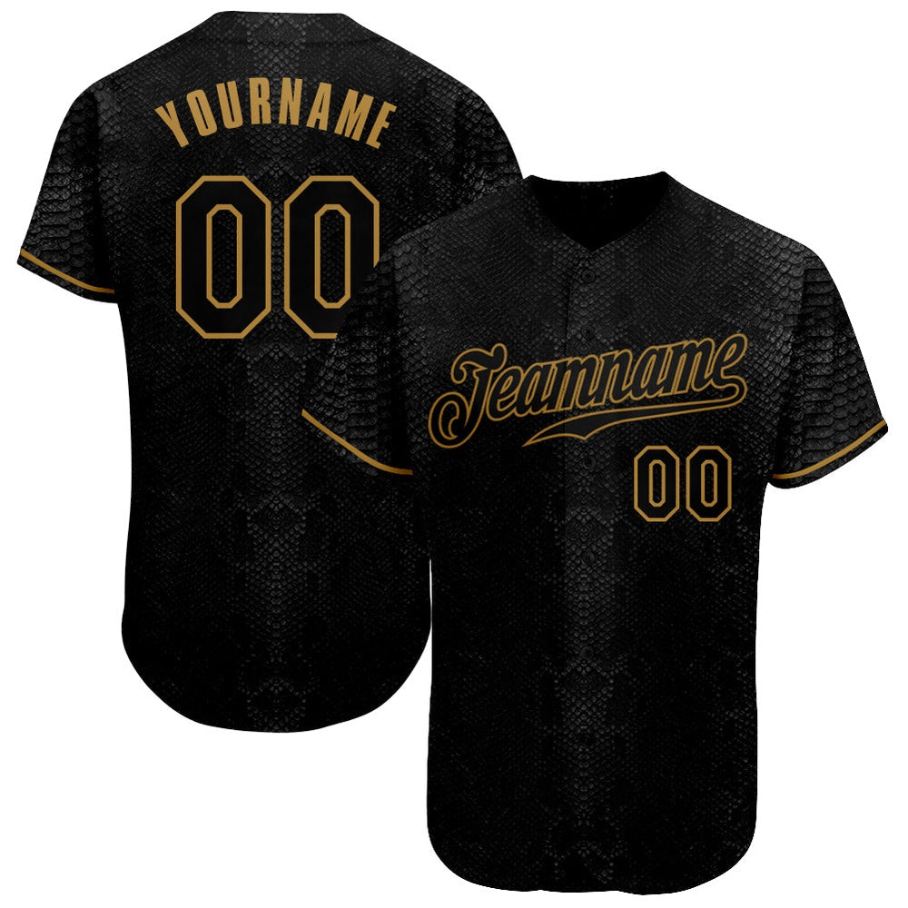 USA Baseball Jersey, Custom Black Snakeskin Black Old Gold 3D Pattern Design Authentic Baseball Jersey, Team Jerseys Baseball