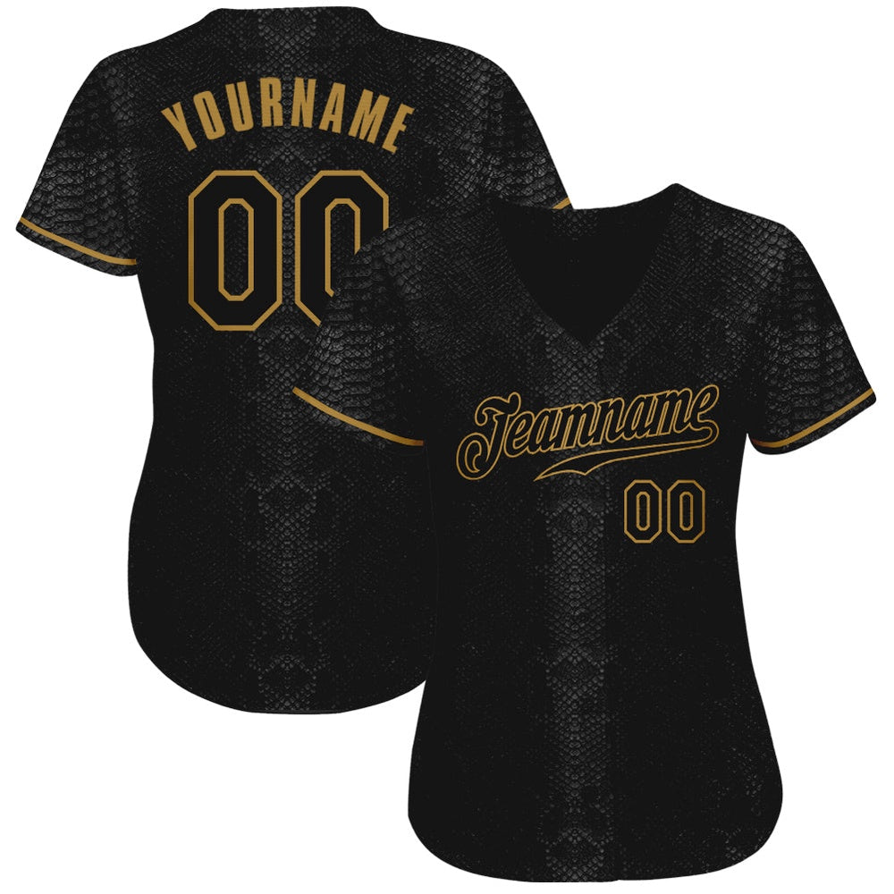 USA Baseball Jersey, Custom Black Snakeskin Black Old Gold 3D Pattern Design Authentic Baseball Jersey, Team Jerseys Baseball