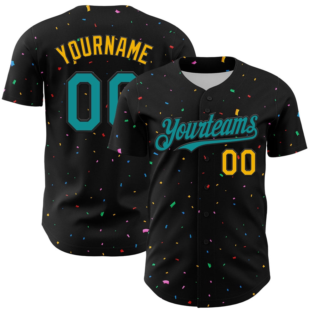 USA Baseball Jersey, Custom Black Teal Gold 3D Pattern Design Confetti Authentic Baseball Jersey, Team Jerseys Baseball