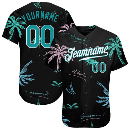 USA Baseball Jersey, Custom Black Teal White 3D Pattern Design Hawaii Palm Trees Authentic Baseball Jersey, Team Jerseys Baseball