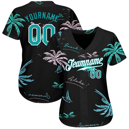 USA Baseball Jersey, Custom Black Teal White 3D Pattern Design Hawaii Palm Trees Authentic Baseball Jersey, Team Jerseys Baseball