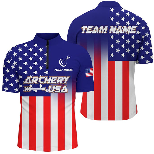 US Flag Custom Full Printing Archery Men Quarter-Zip Shirts, Patriotic Team Archery Jersey, Archery Team Shirts, Custom Archery Shirts