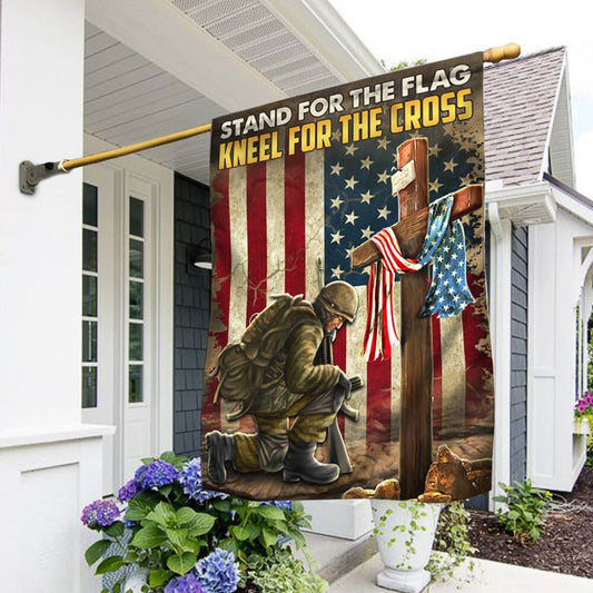US Veteran Flag, Kneeling Cross American Flag Stand For The Flag Kneel For The Cross Flags, Veteran Garden Flags