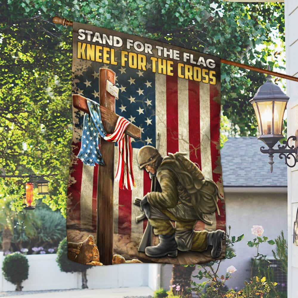 US Veteran Flag, Kneeling Cross American Flag Stand For The Flag Kneel For The Cross Flags, Veteran Garden Flags