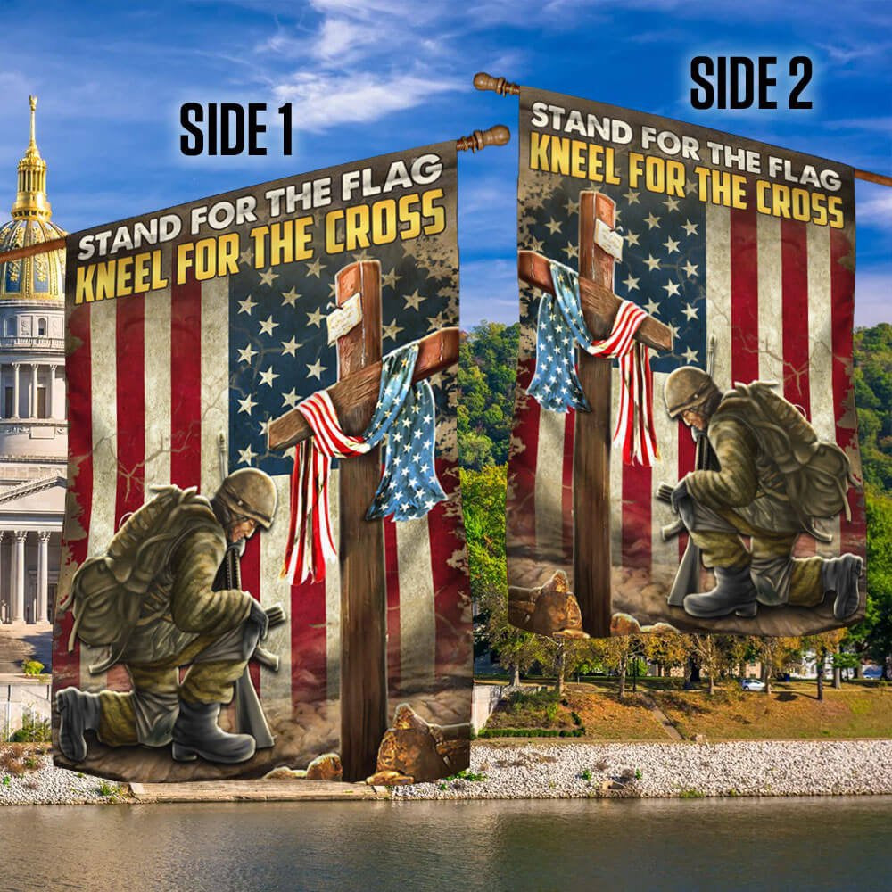 US Veteran Flag, Kneeling Cross American Flag Stand For The Flag Kneel For The Cross Flags, Veteran Garden Flags