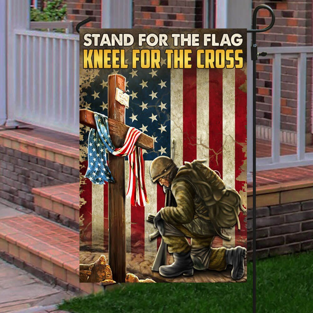 US Veteran Flag, Kneeling Cross American Flag Stand For The Flag Kneel For The Cross Flags, Veteran Garden Flags