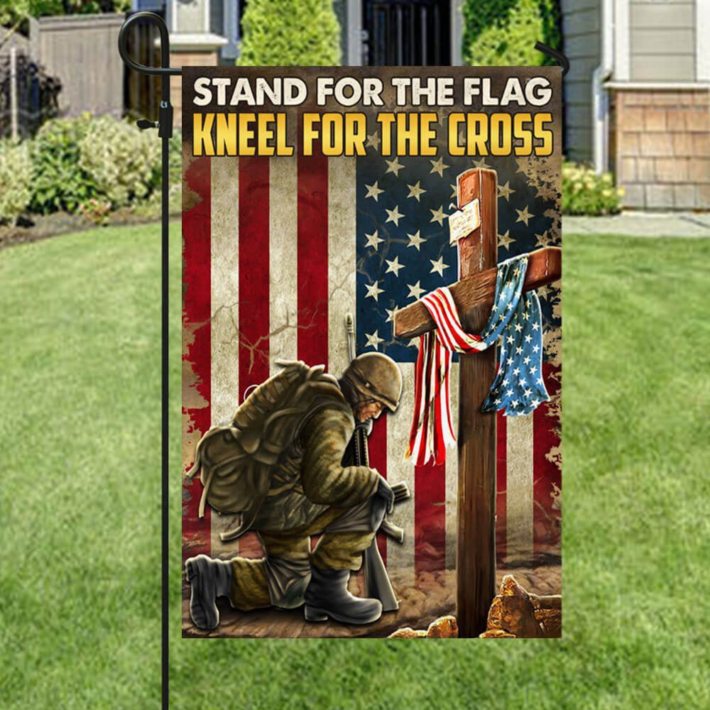 US Veteran Flag, Kneeling Cross American Flag Stand For The Flag Kneel For The Cross Flags, Veteran Garden Flags