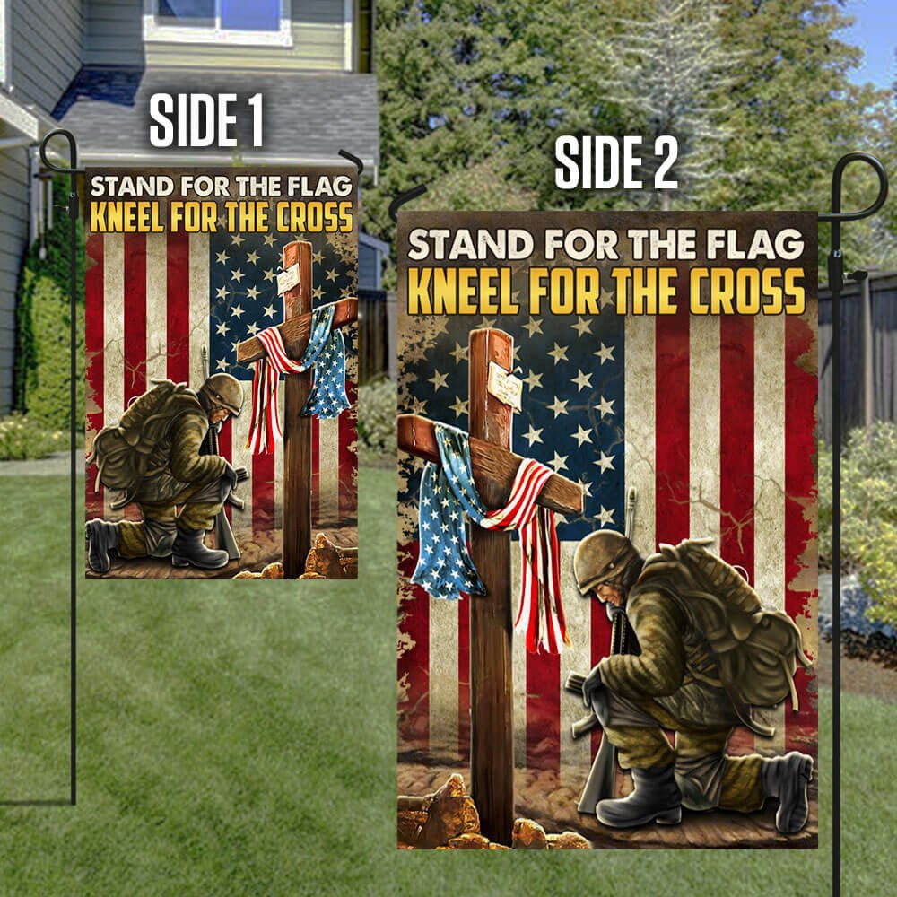 US Veteran Flag, Kneeling Cross American Flag Stand For The Flag Kneel For The Cross Flags, Veteran Garden Flags