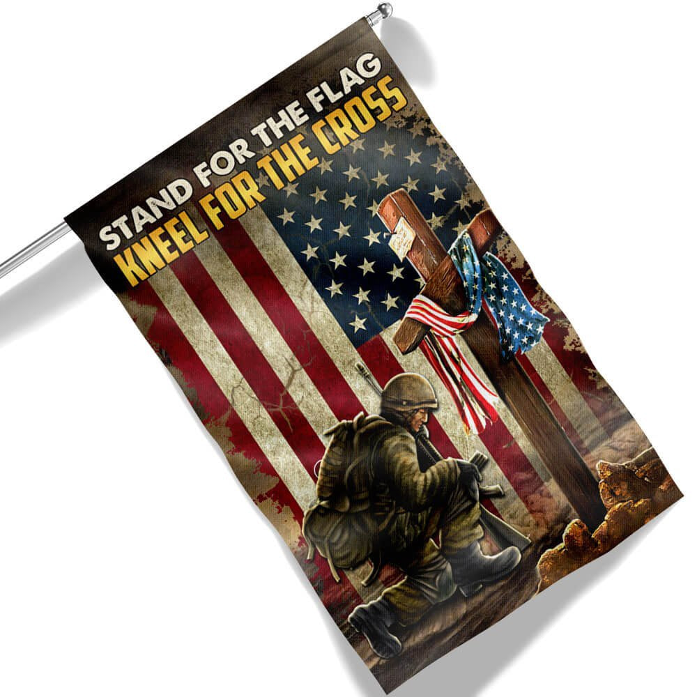US Veteran Flag, Kneeling Cross American Flag Stand For The Flag Kneel For The Cross Flags, Veteran Garden Flags