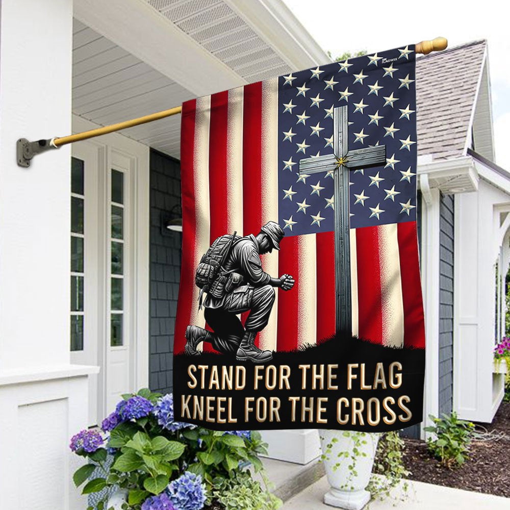 US Veteran Flag, Memorial Day Veteran Kneeling Christ Cross American Flag, Veteran Garden Flags