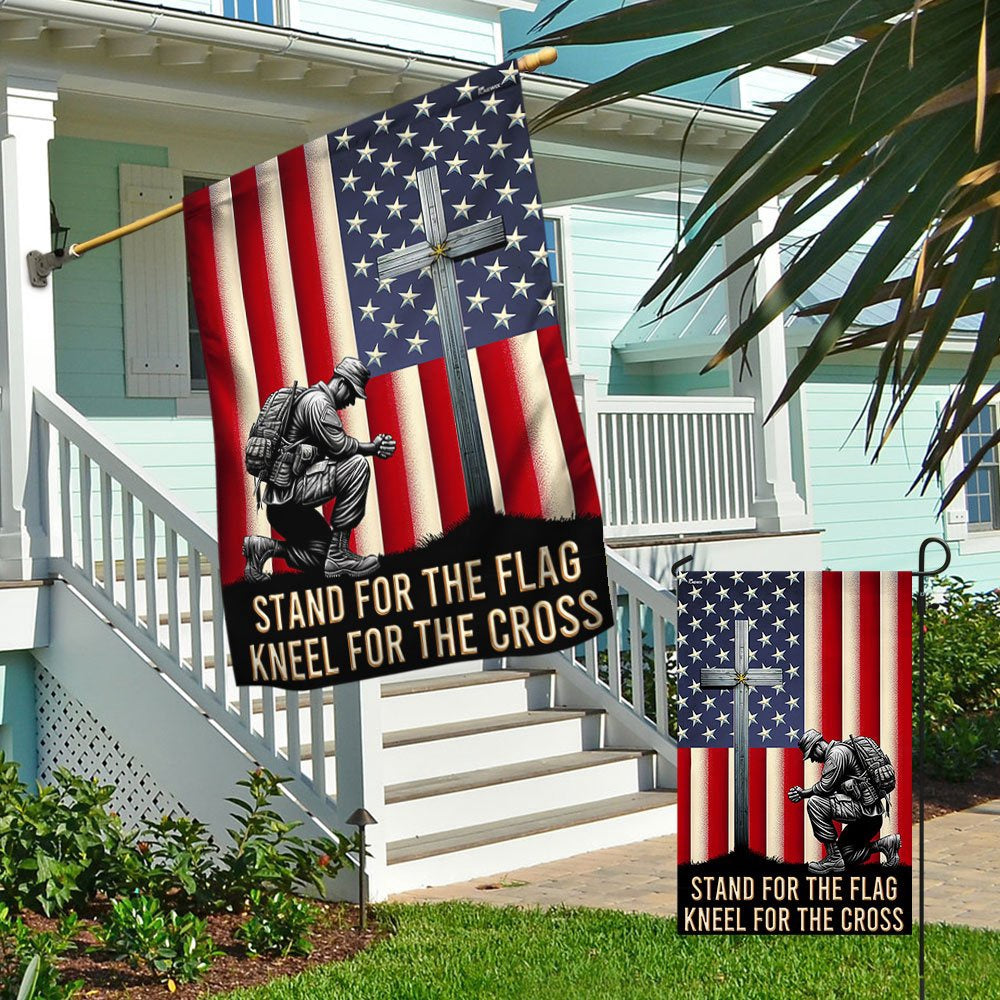 US Veteran Flag, Memorial Day Veteran Kneeling Christ Cross American Flag, Veteran Garden Flags