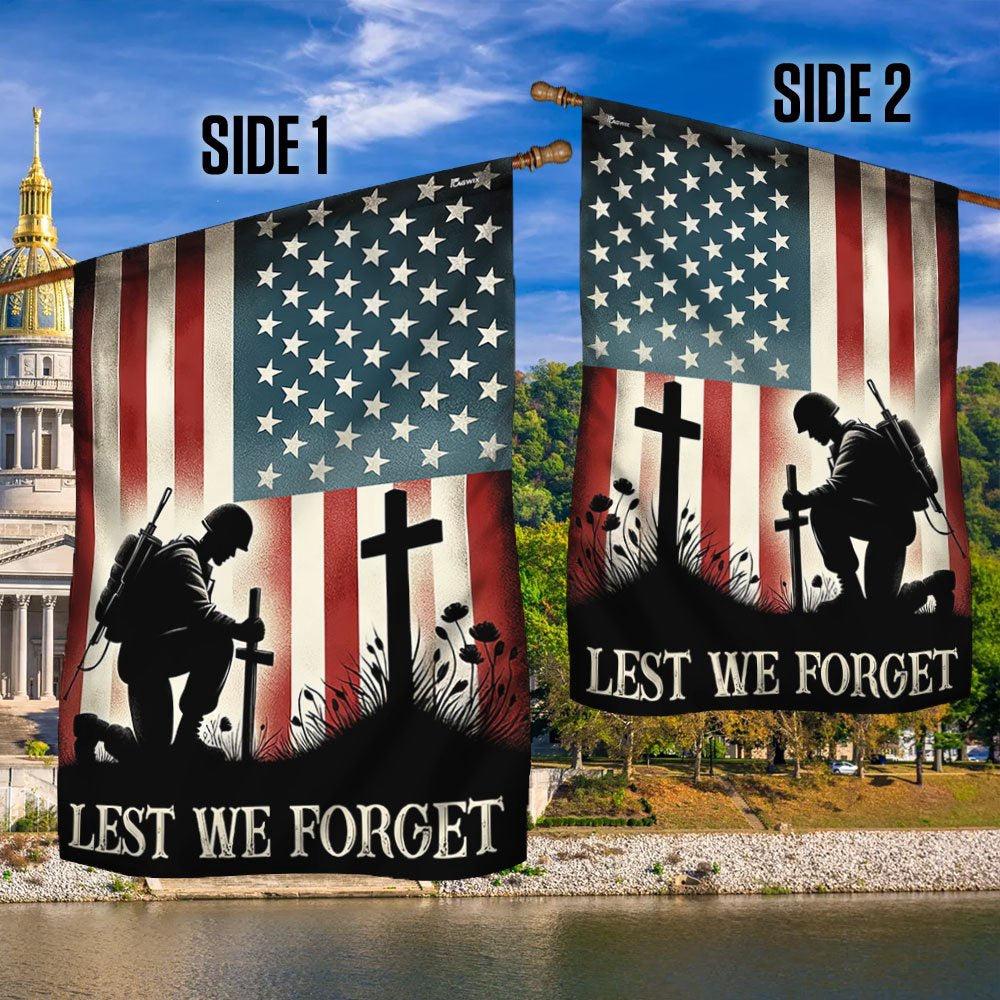 US Veteran Flag, Memorial Day Veteran Kneeling Soldier The Cross Lest We Forget Flag, Veteran Garden Flags