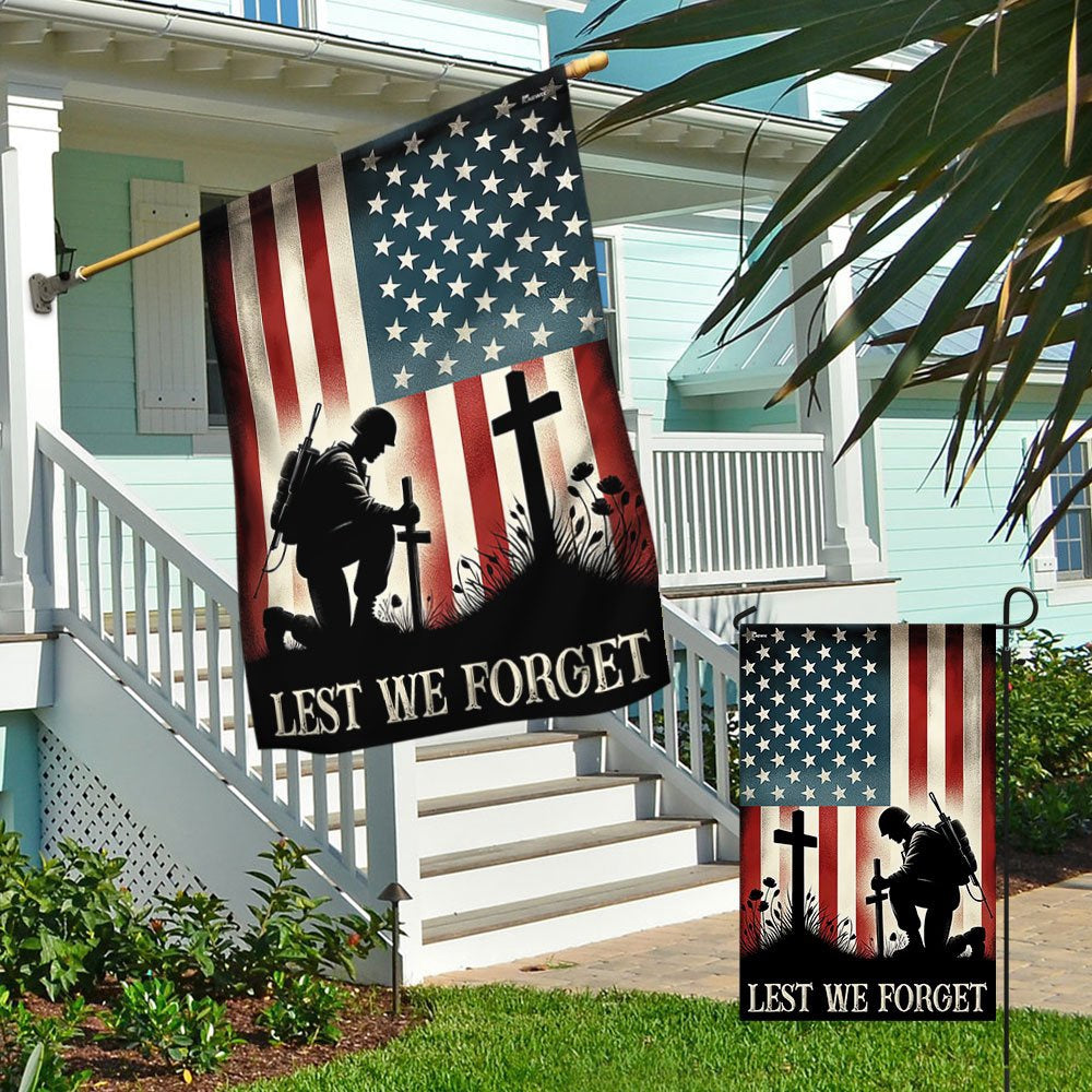 US Veteran Flag, Memorial Day Veteran Kneeling Soldier The Cross Lest We Forget Flag, Veteran Garden Flags