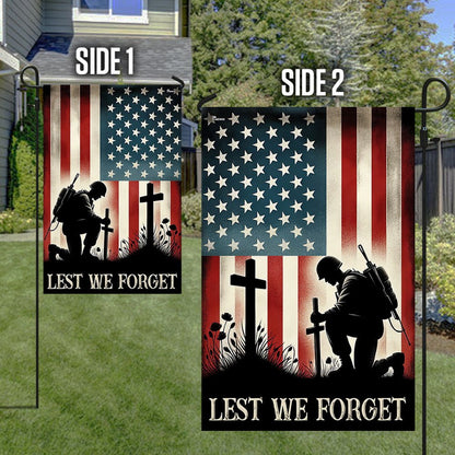 US Veteran Flag, Memorial Day Veteran Kneeling Soldier The Cross Lest We Forget Flag, Veteran Garden Flags