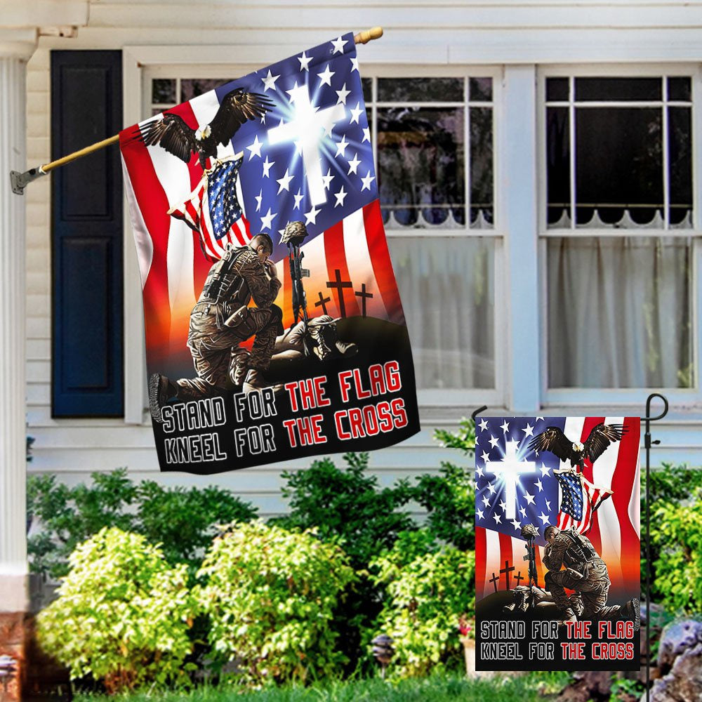 US Veteran Flag, Memorial Day Veteran Stand For The Flag Kneel For The Cross Flag, Veteran Garden Flags