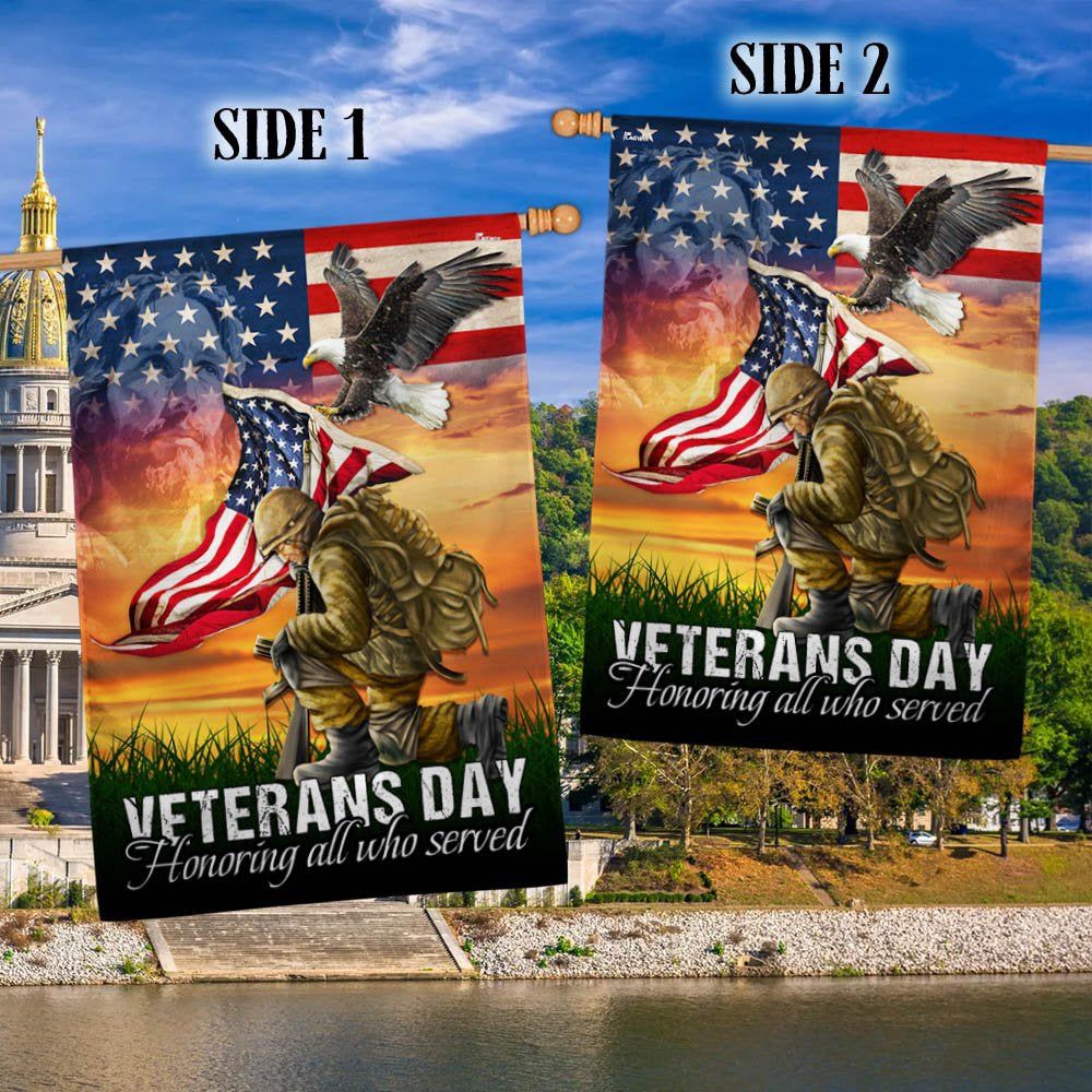 US Veteran Flag, Memorial Day Veterans Day Honoring All Who Served Kneeling Soldier American Flag, Veteran Garden Flags