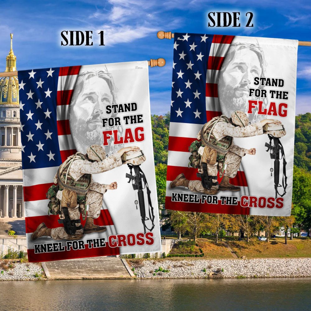 US Veteran Flag, Veteran Jesus Christ Kneeling For The Cross Memorial Honoring Fallen Soldiers Veterans Flag, Veteran Garden Flags