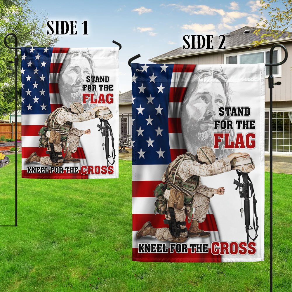 US Veteran Flag, Veteran Jesus Christ Kneeling For The Cross Memorial Honoring Fallen Soldiers Veterans Flag, Veteran Garden Flags