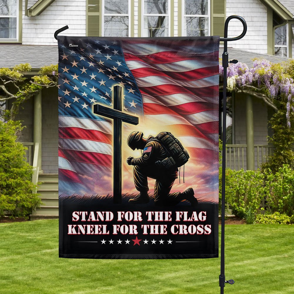 US Veteran Flag, Veteran Kneeling Christ Cross Flag Stand For The Flag Kneel For The Cross Flag, Veteran Garden Flags