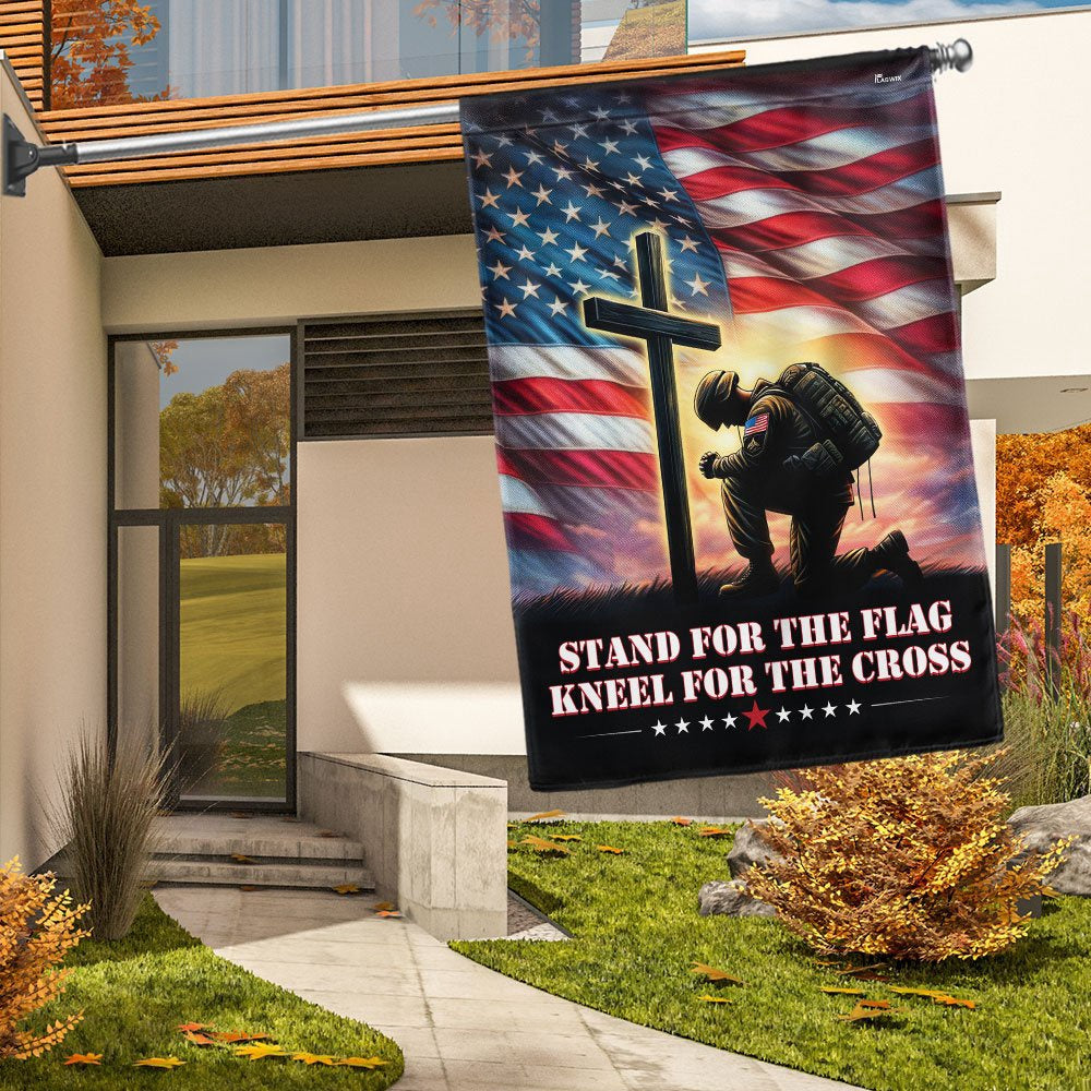 US Veteran Flag, Veteran Kneeling Christ Cross Flag Stand For The Flag Kneel For The Cross Flag, Veteran Garden Flags