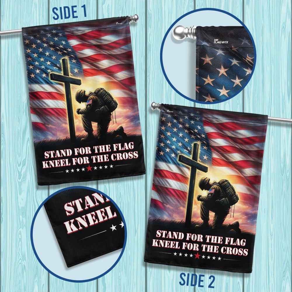 US Veteran Flag, Veteran Kneeling Christ Cross Flag Stand For The Flag Kneel For The Cross Flag, Veteran Garden Flags