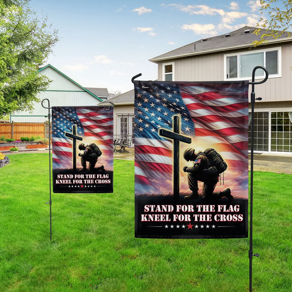 US Veteran Flag, Veteran Kneeling Christ Cross Flag Stand For The Flag Kneel For The Cross Flag, Veteran Garden Flags