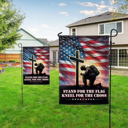 US Veteran Flag, Veteran Kneeling Christ Cross Flag Stand For The Flag Kneel For The Cross Flag, Veteran Garden Flags