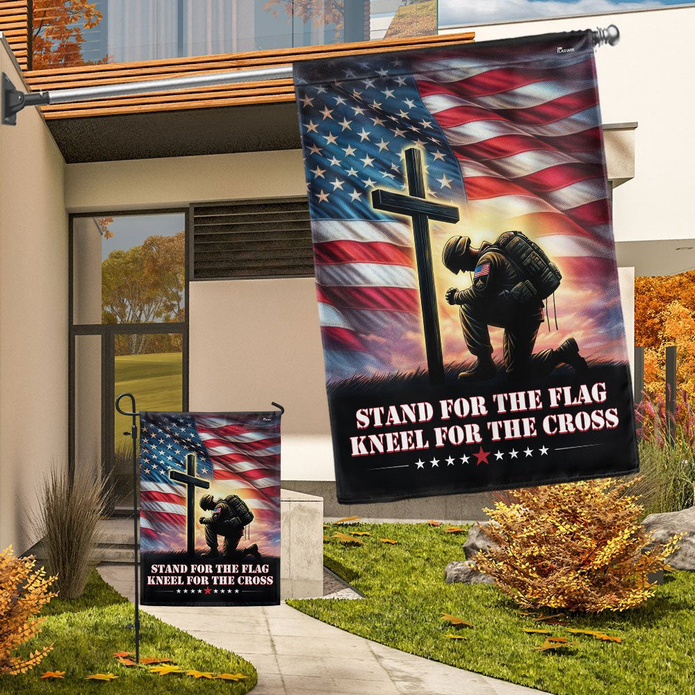 US Veteran Flag, Veteran Kneeling Christ Cross Flag Stand For The Flag Kneel For The Cross Flag, Veteran Garden Flags