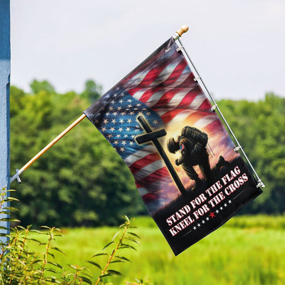 US Veteran Flag, Veteran Kneeling Christ Cross Flag Stand For The Flag Kneel For The Cross Flag, Veteran Garden Flags