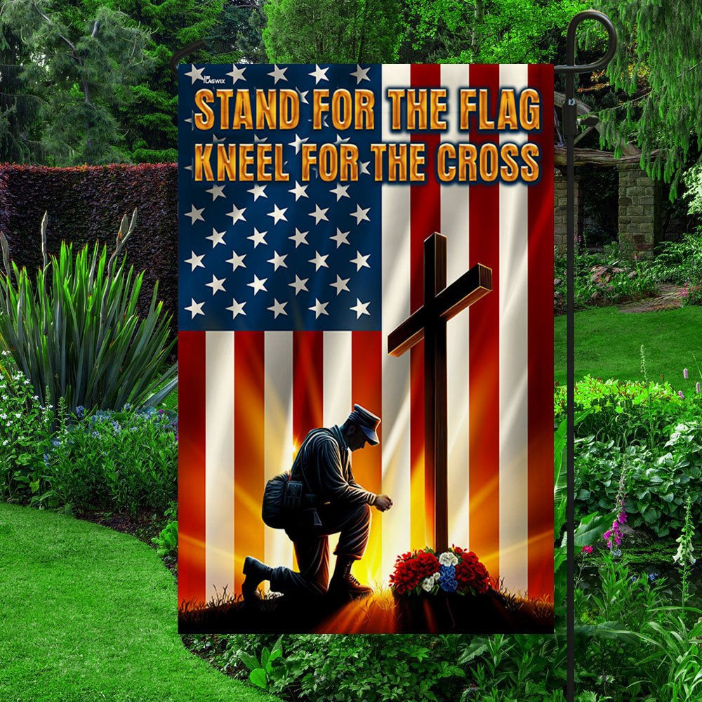US Veteran Flag, Veteran Kneeling Cross American Flag Stand For The Flag Kneel For The Cross Flag, Veteran Garden Flags