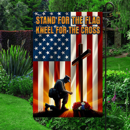 US Veteran Flag, Veteran Kneeling Cross American Flag Stand For The Flag Kneel For The Cross Flag, Veteran Garden Flags