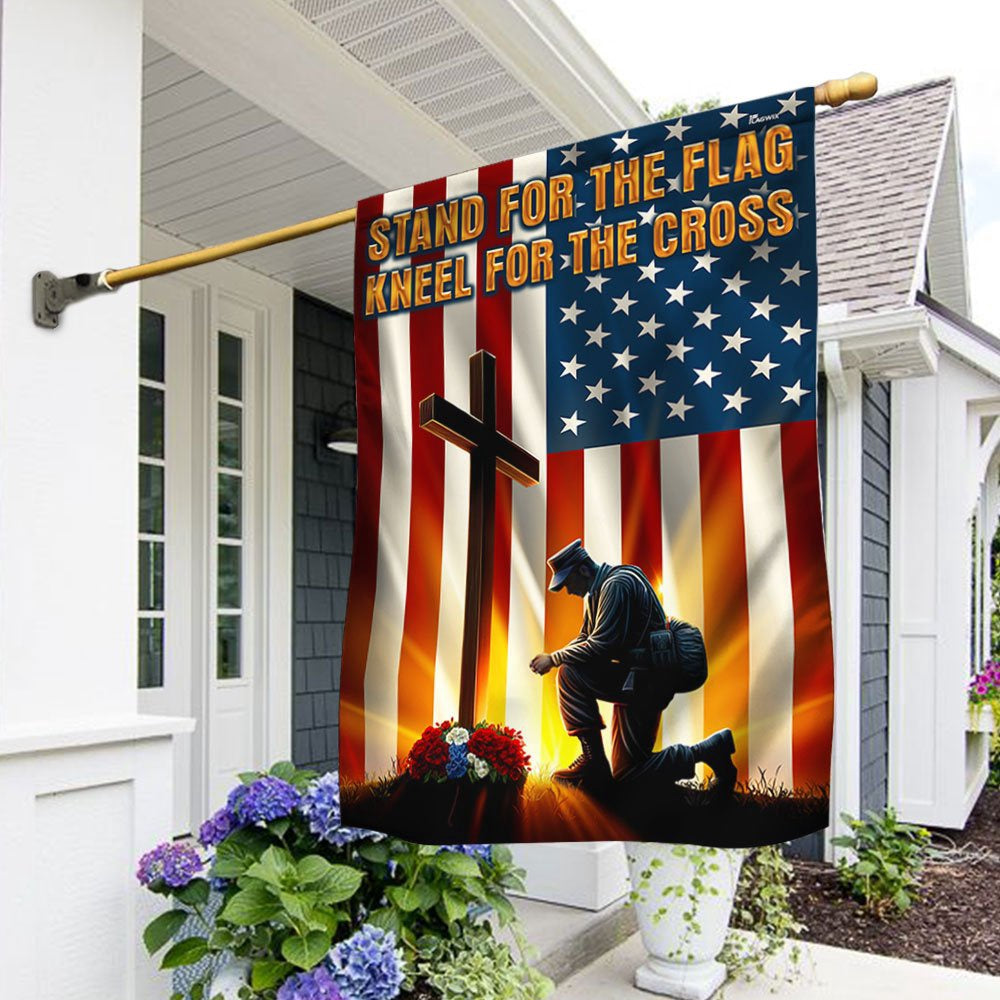US Veteran Flag, Veteran Kneeling Cross American Flag Stand For The Flag Kneel For The Cross Flag, Veteran Garden Flags