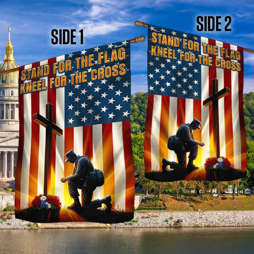 US Veteran Flag, Veteran Kneeling Cross American Flag Stand For The Flag Kneel For The Cross Flag, Veteran Garden Flags
