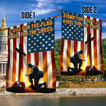US Veteran Flag, Veteran Kneeling Cross American Flag Stand For The Flag Kneel For The Cross Flag, Veteran Garden Flags