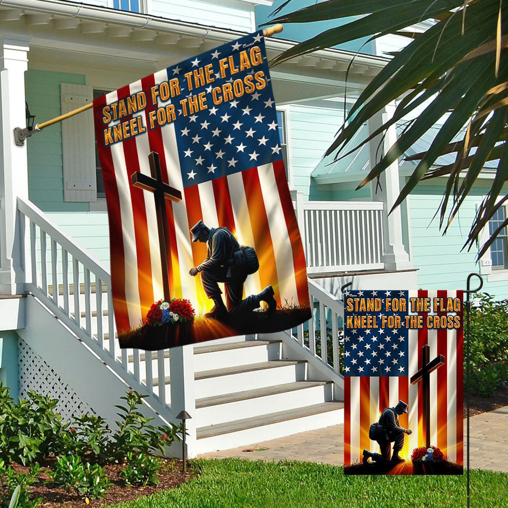 US Veteran Flag, Veteran Kneeling Cross American Flag Stand For The Flag Kneel For The Cross Flag, Veteran Garden Flags