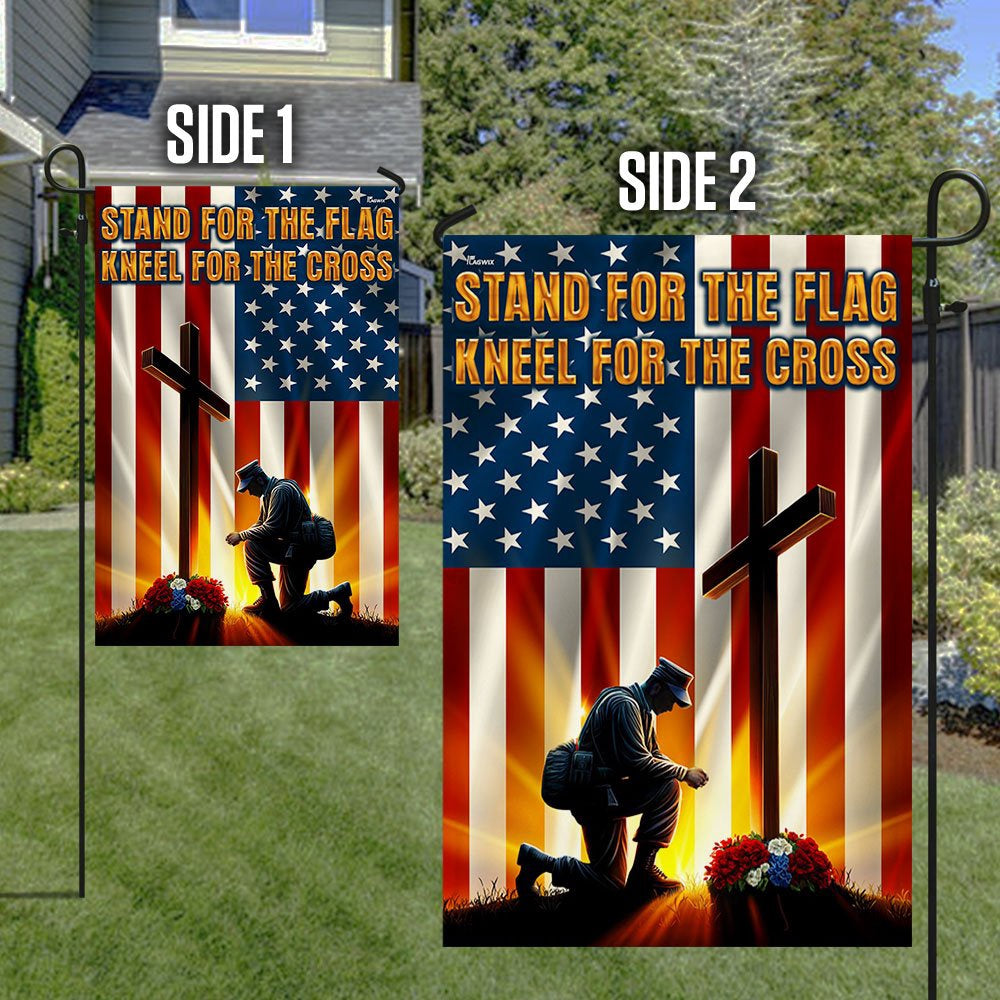 US Veteran Flag, Veteran Kneeling Cross American Flag Stand For The Flag Kneel For The Cross Flag, Veteran Garden Flags
